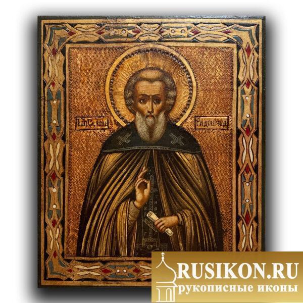 Старинная икона Святого Сергия Радонежского в технике чеканка по золоту, миниатюра