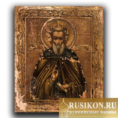 Старинная икона Святого Сергия Радонежского в технике чеканка по золоту, миниатюра