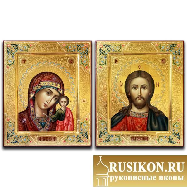 Венчальная пара - Казанский образ Богородицы и Спаситель в технике чеканка по золоту