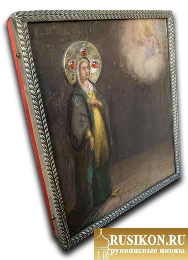 Старинная икона Святой Анастасии Узорешительницы в серебряной рамке